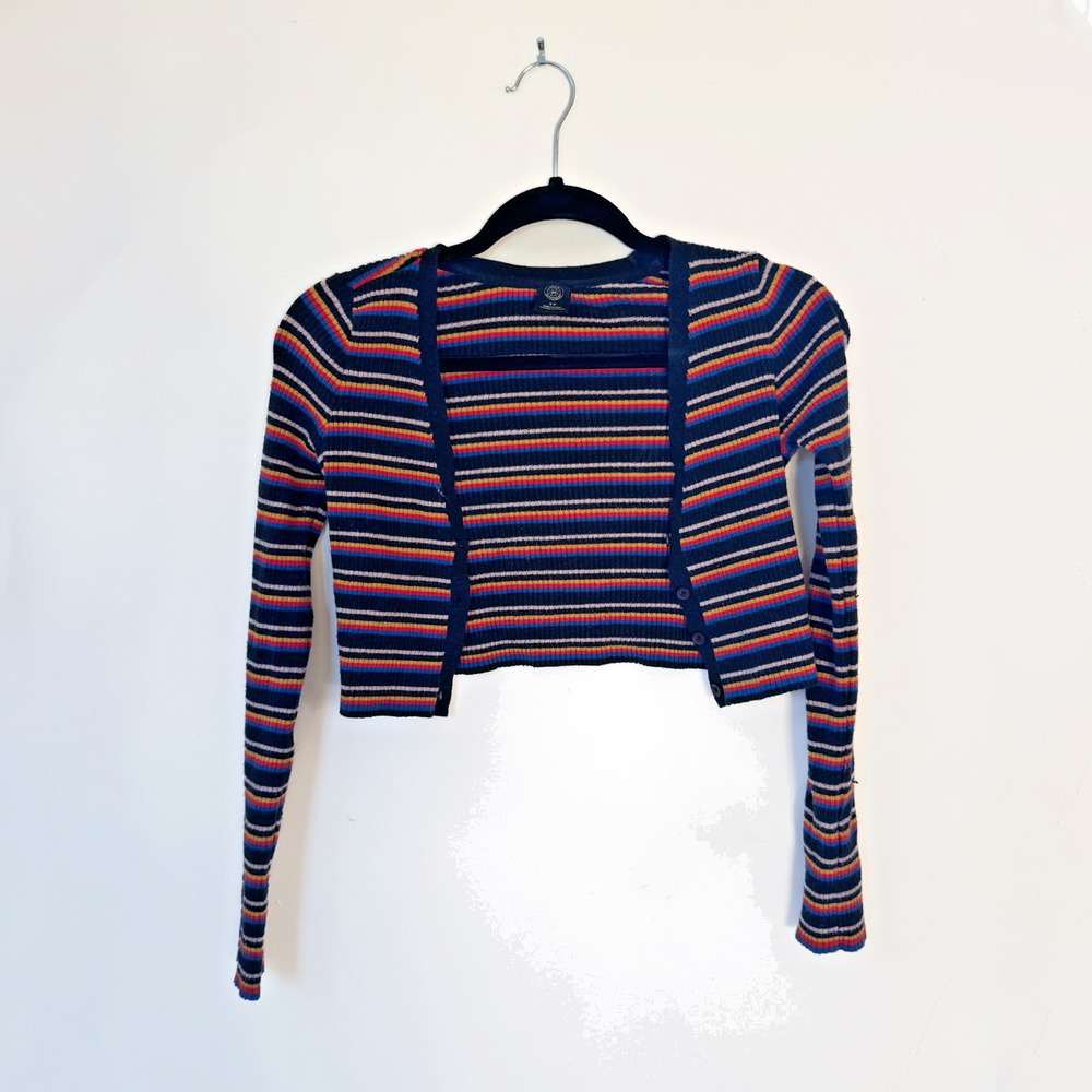 Urban Outfitters Women's S Striped Ribbed Crop Cardigan Long Sleeve Navy Red